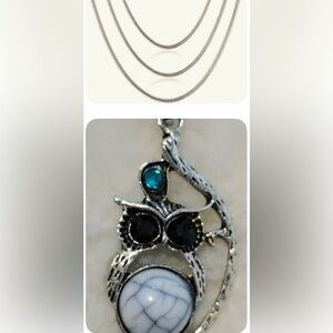 NWOT necklace Owl, faux Howlite, blue, black crystals 925 Sterling 18” sp. chain